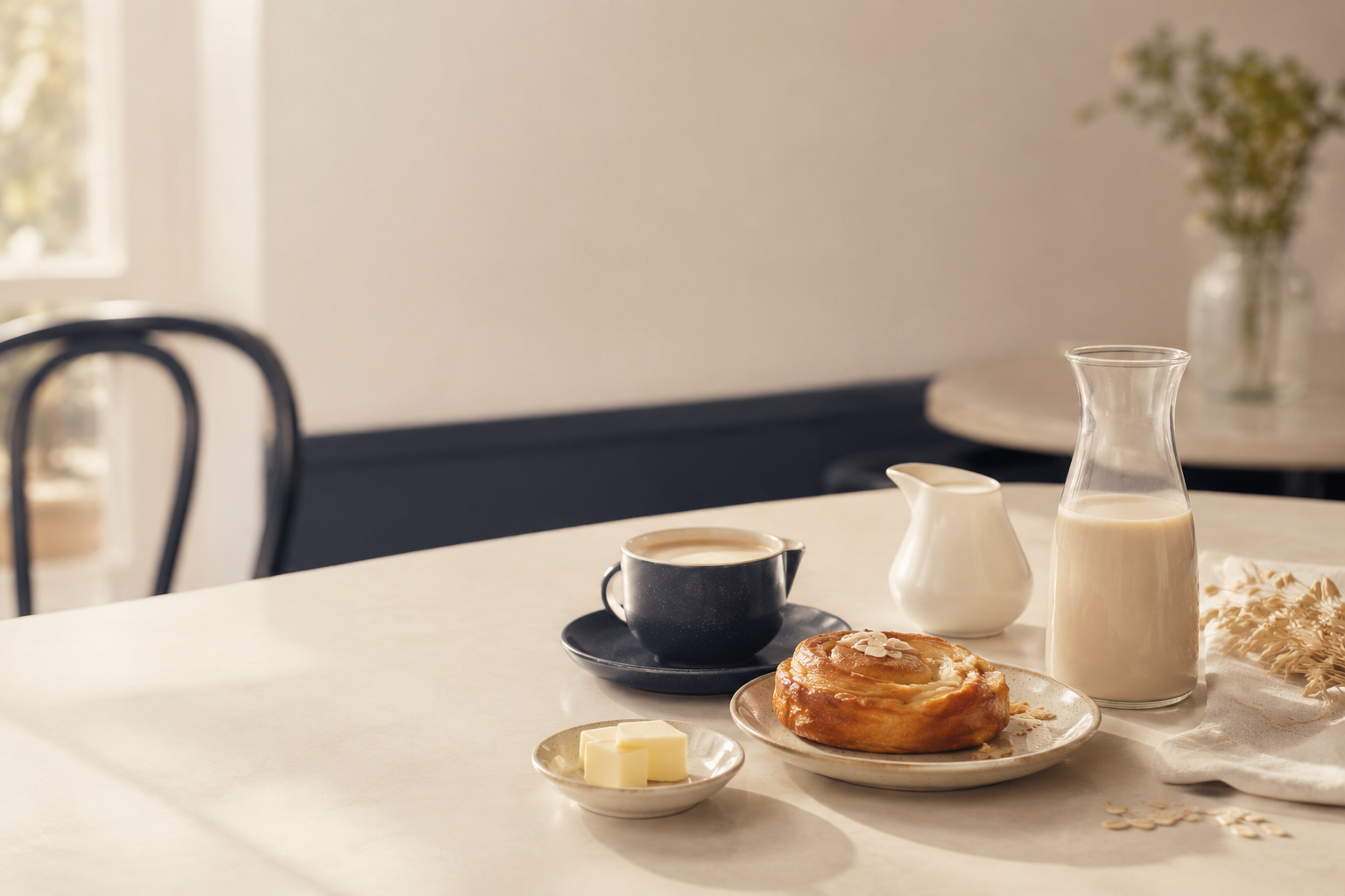 Café-Szene mit Gebäck, Butter, Kaffee und verschiedenen milchähnlichen Getränken als Visualisierung typischer Missverständnisse rund um Milchbestandteile